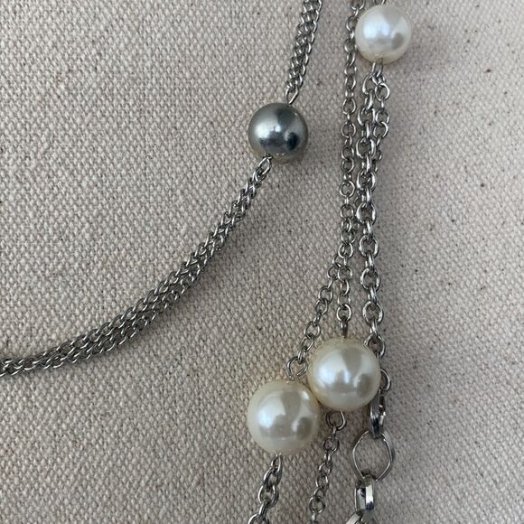 Long Silver & Faux Pearl Necklace – Multi-Strand Art Deco Flapper Style - Picture 6 of 6